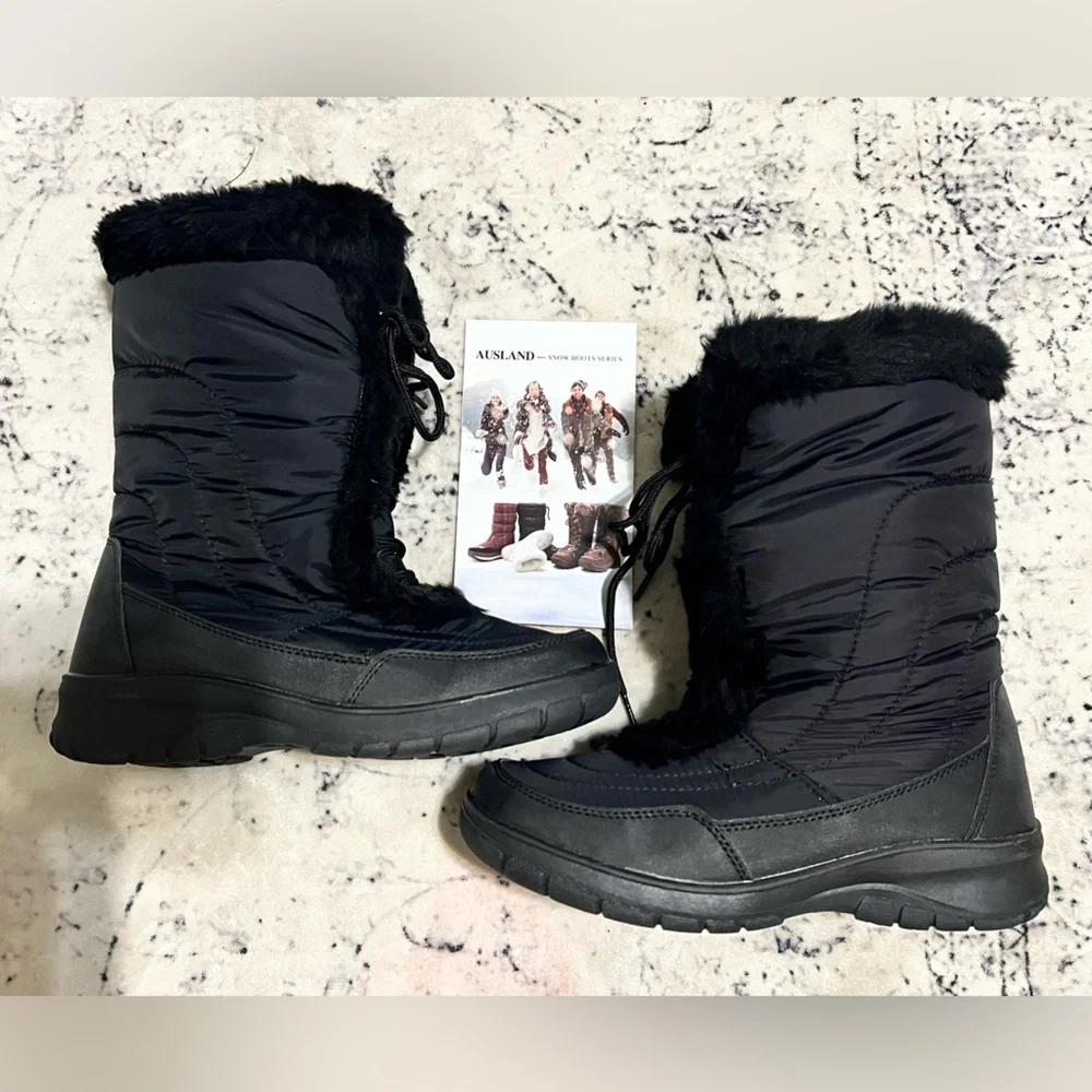 AUSLAND Women's Black Winter Snow Mid-Calf Waterproof LaceUp Boots-Black 7.5 9.5